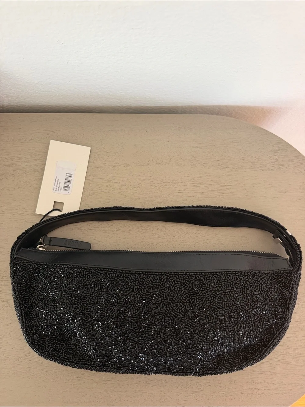 STAUD Black Beaded Shoulder Bag with Top Zip